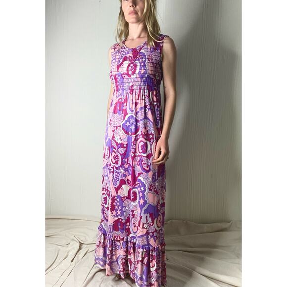 VINTAGE '60s JONATHAN LOGAN Groovy Flower Power Smocked Maxi Dress SMALL - Picture 1 of 12